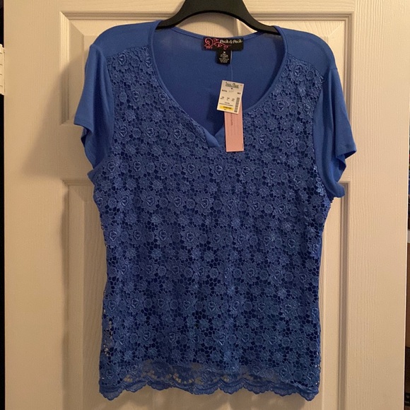 PECK & PECK ROYAL BLUE LACE OVERLAY TOP - Picture 1 of 5